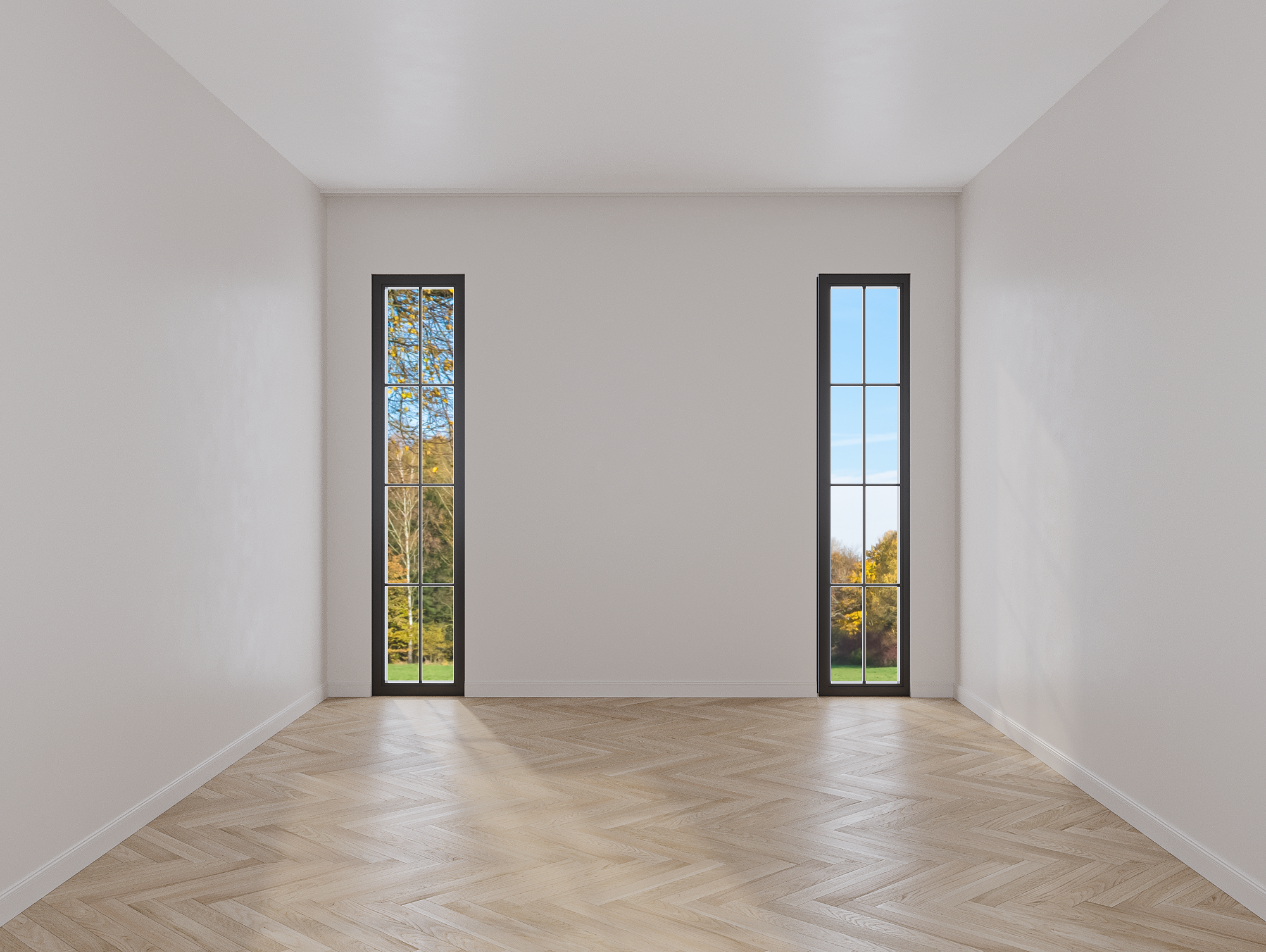 Empty living room, before image. Herring bone flooring with white walls.