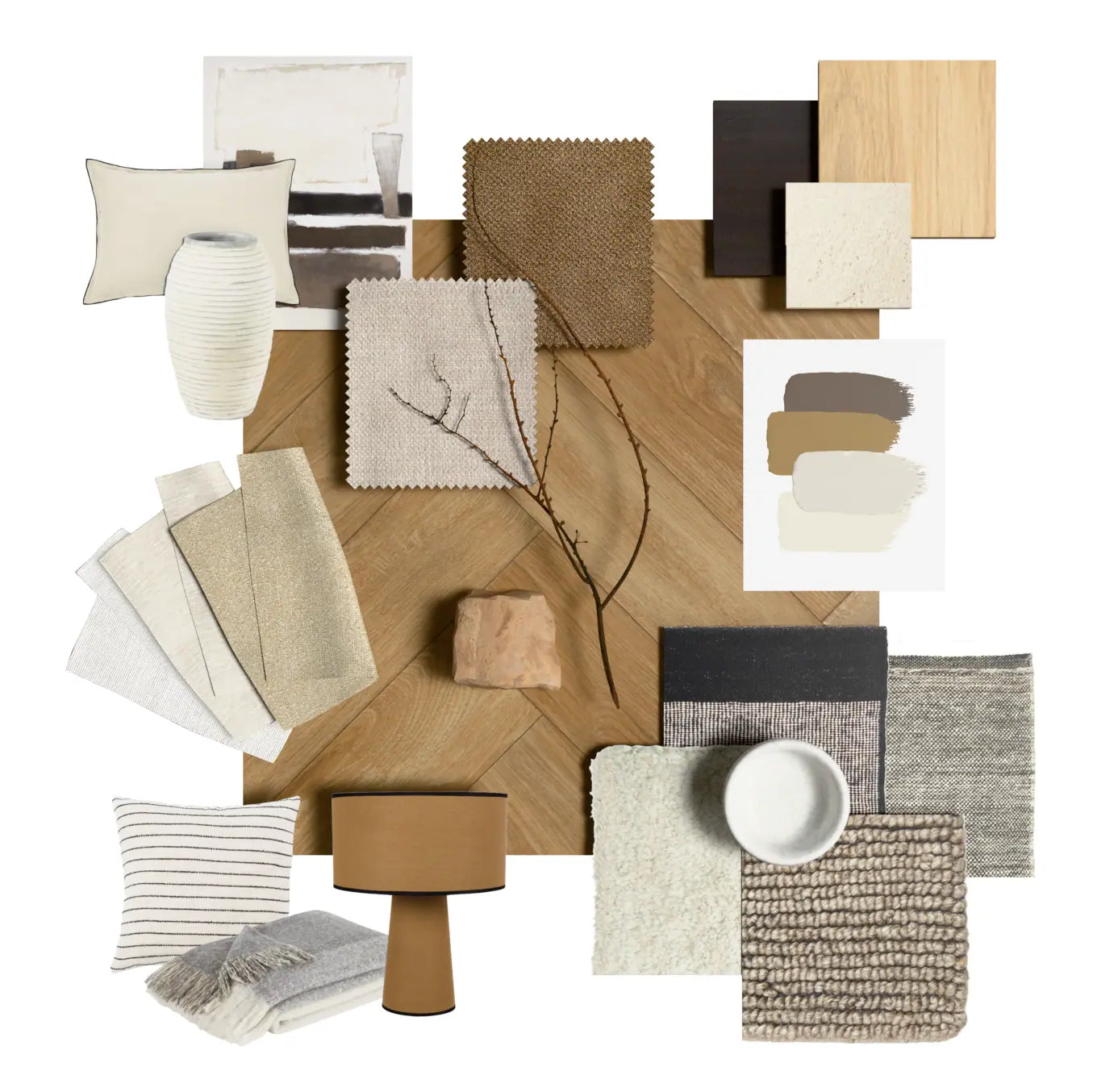 Scandinavian material board featuring natural wood tones, neutral fabric swatches, textured rugs, and earthy decor elements. A cohesive mix of soft beige, cream, and brown shades inspired by Scandinavian design.