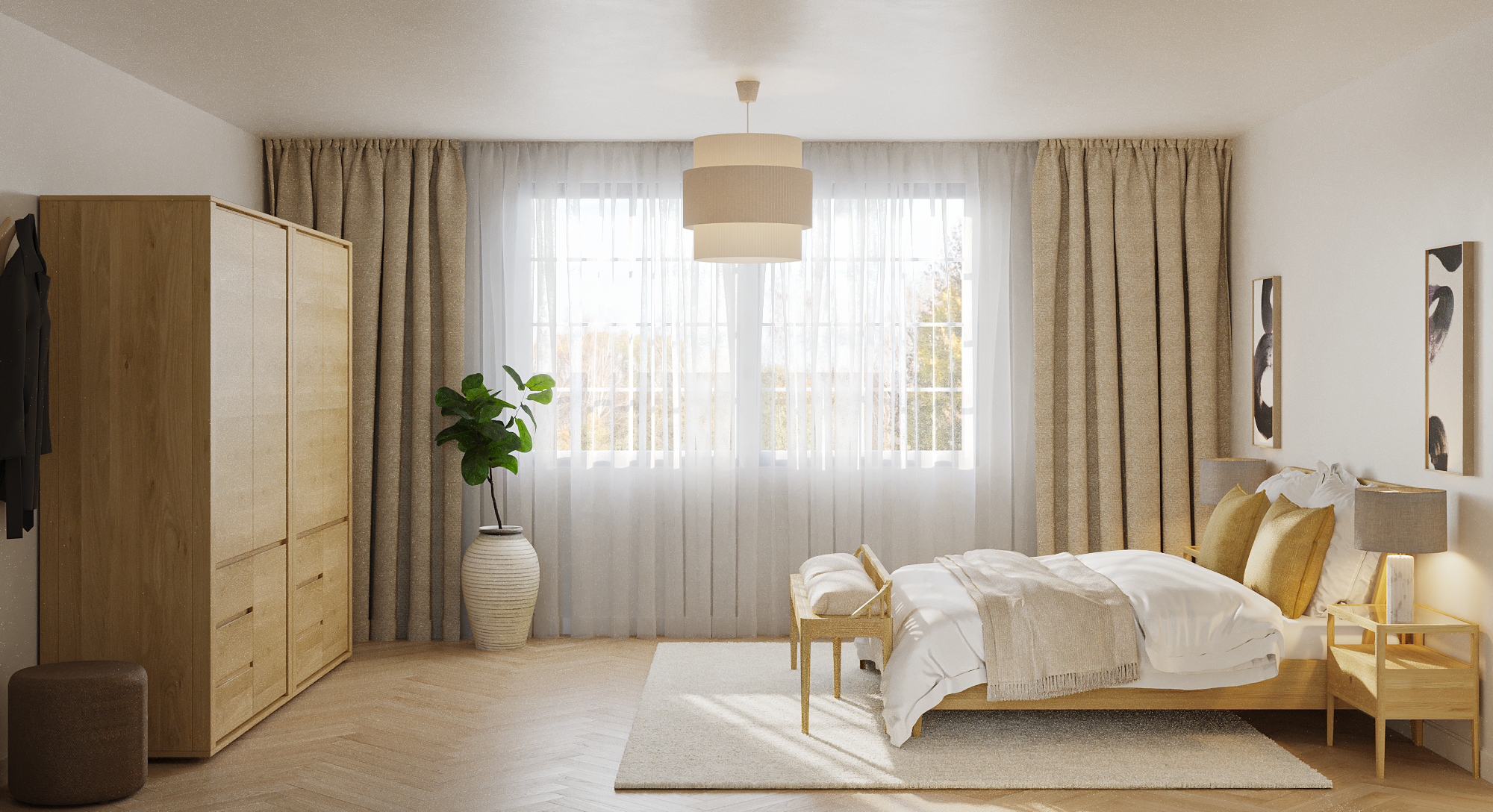 Cozy bedroom with Scandinavian-inspired decor and natural materials.