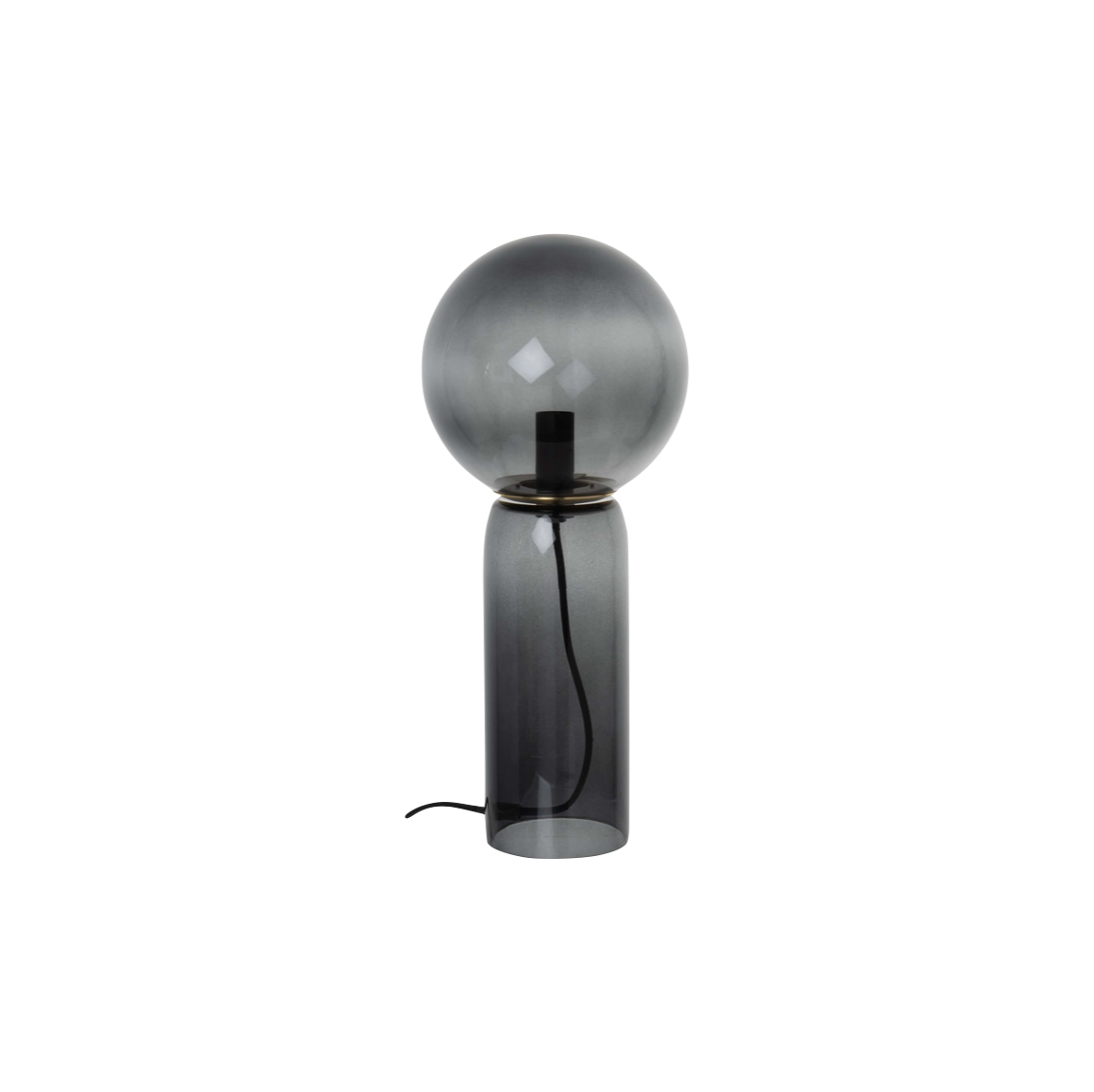 Grey glass table lamp adding soft ambient lighting in Scandinavian inspired bedroom design.