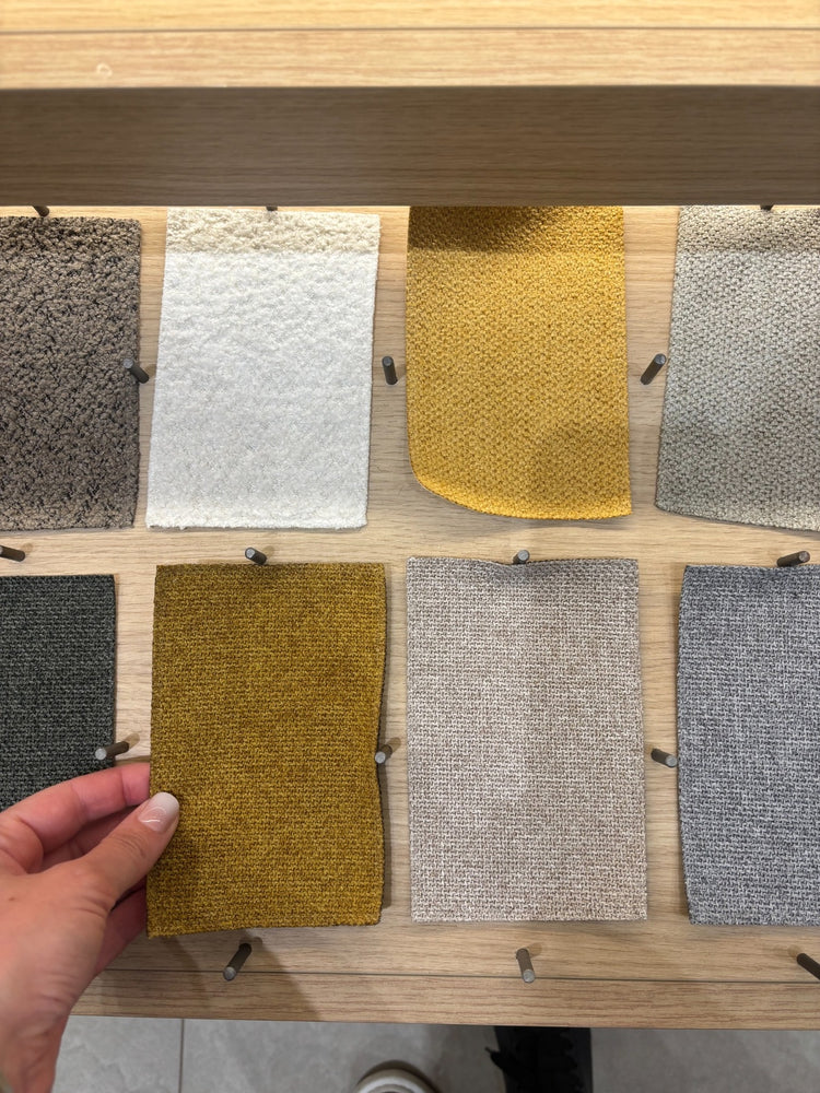 Swatches of mustard and neutral tones for warm Scandinavian inspired decor schemes.