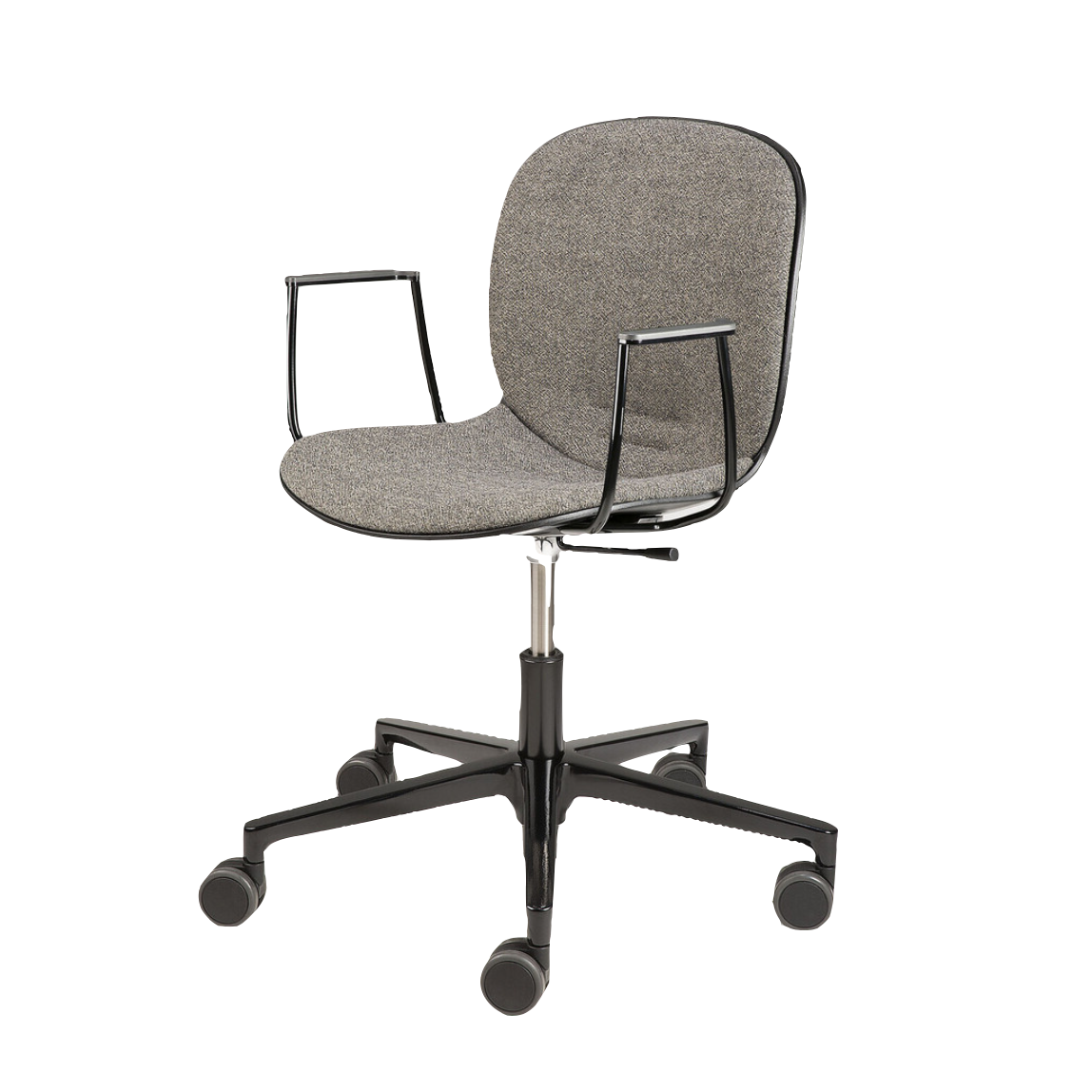 Black office swivel chair with grey textured seat and chrome base featured in Scandi guest/office room package.
