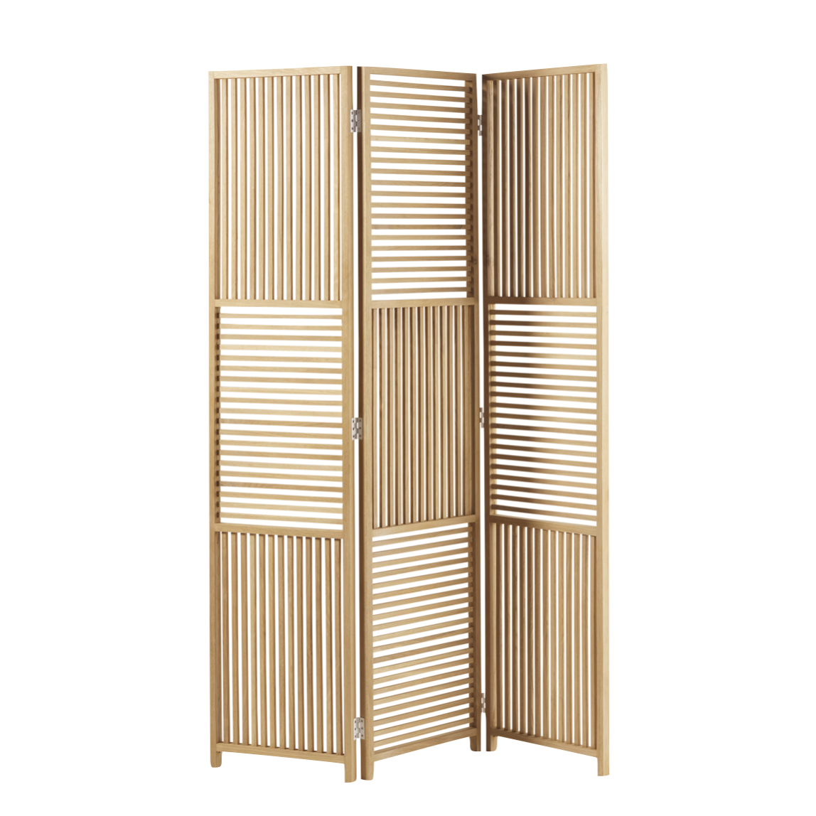 Wooden room divider with clean lines in Scandinavian inspired guest/office room design.