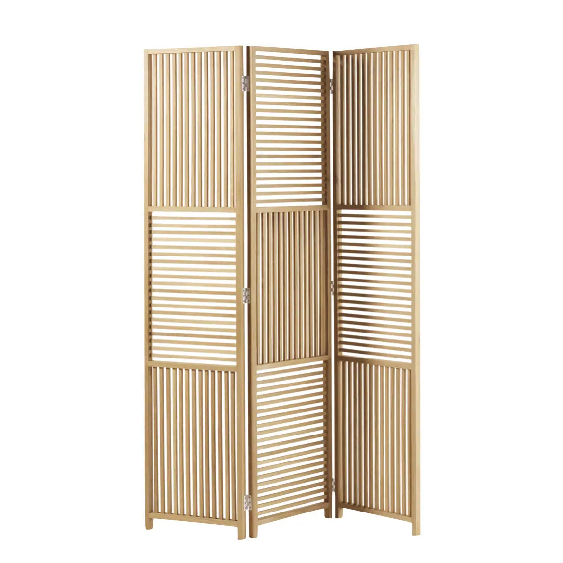 Wooden room divider with clean lines in Scandinavian inspired guest/office room design.