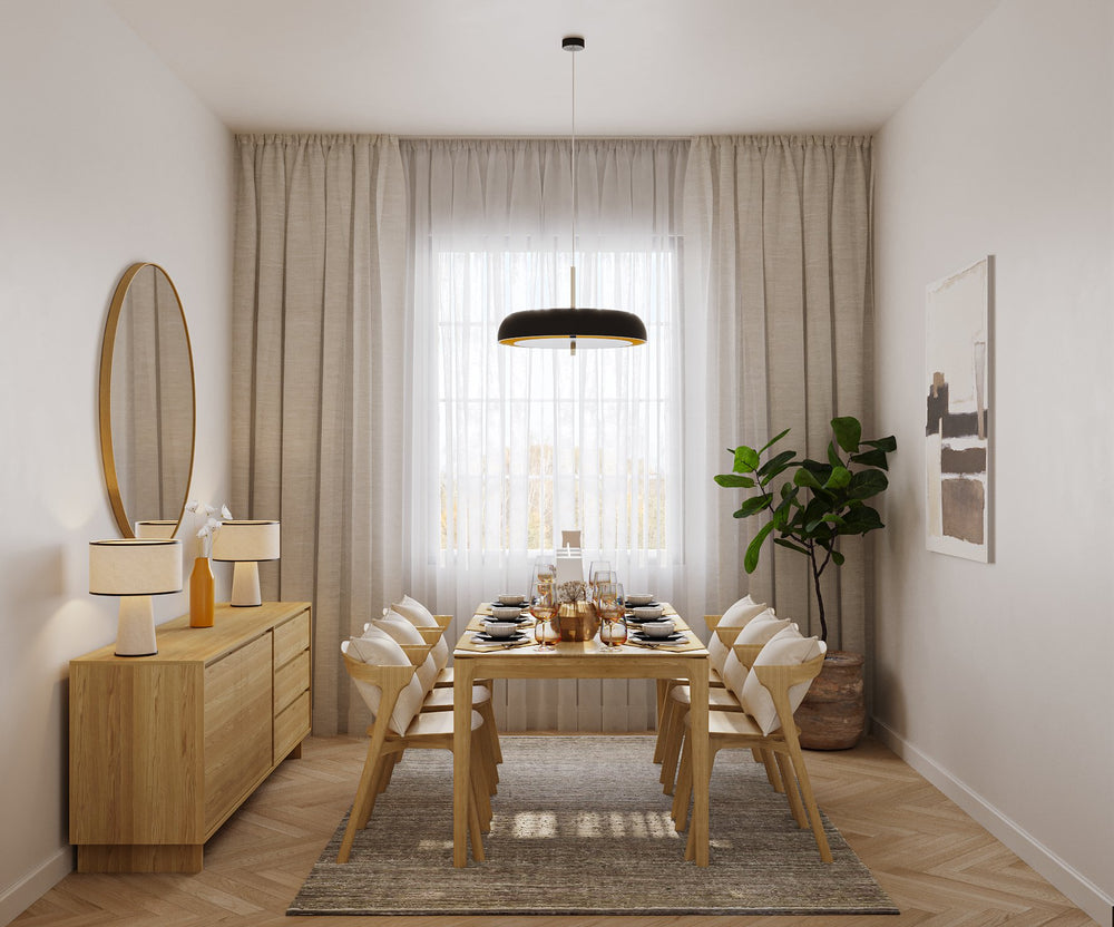 Scandinavian dining room with wooden table, modern lighting, and neutral tones.