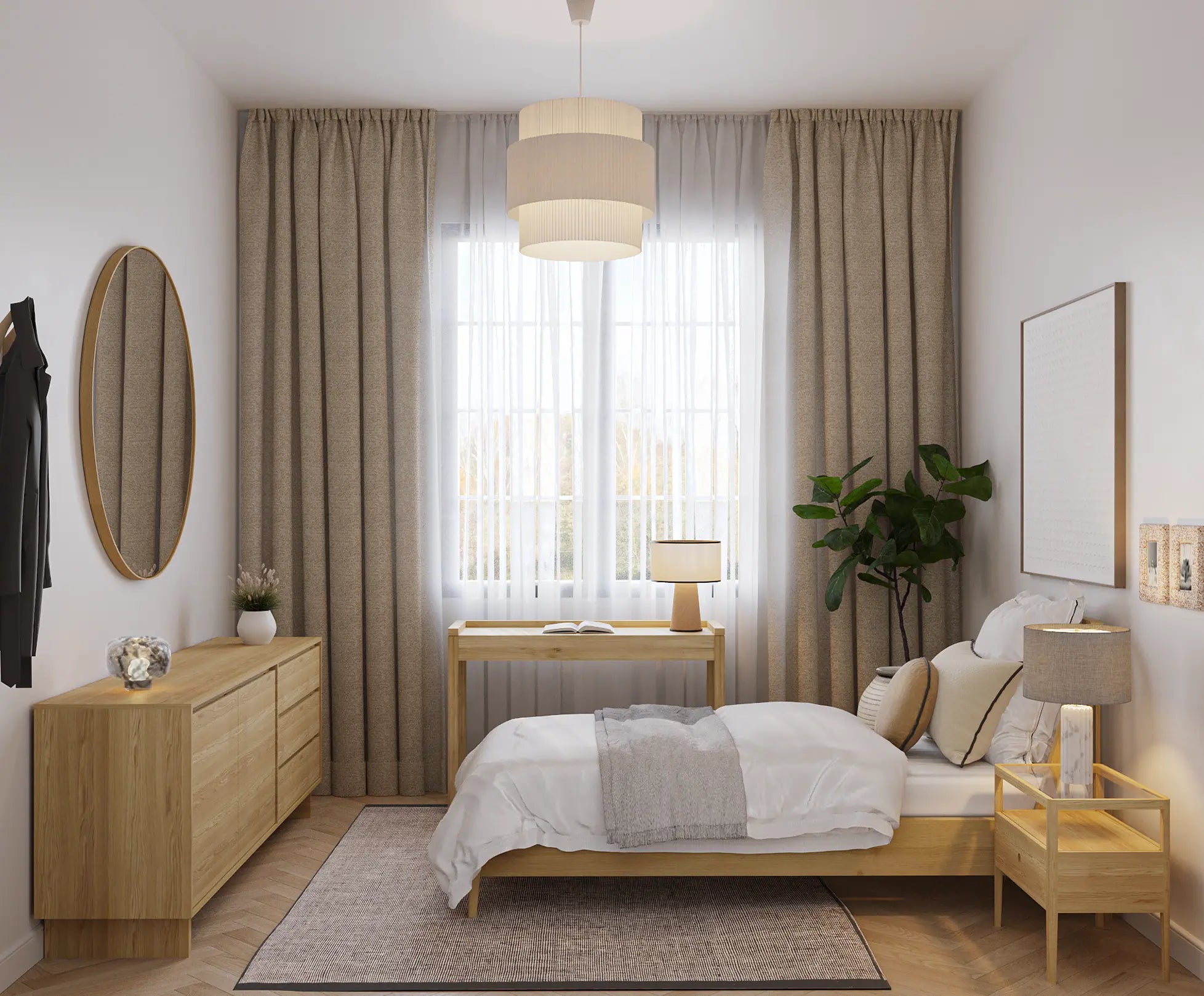 Cosy Scandinavian inspired guest/office room design in a layout for 10 sqm space.