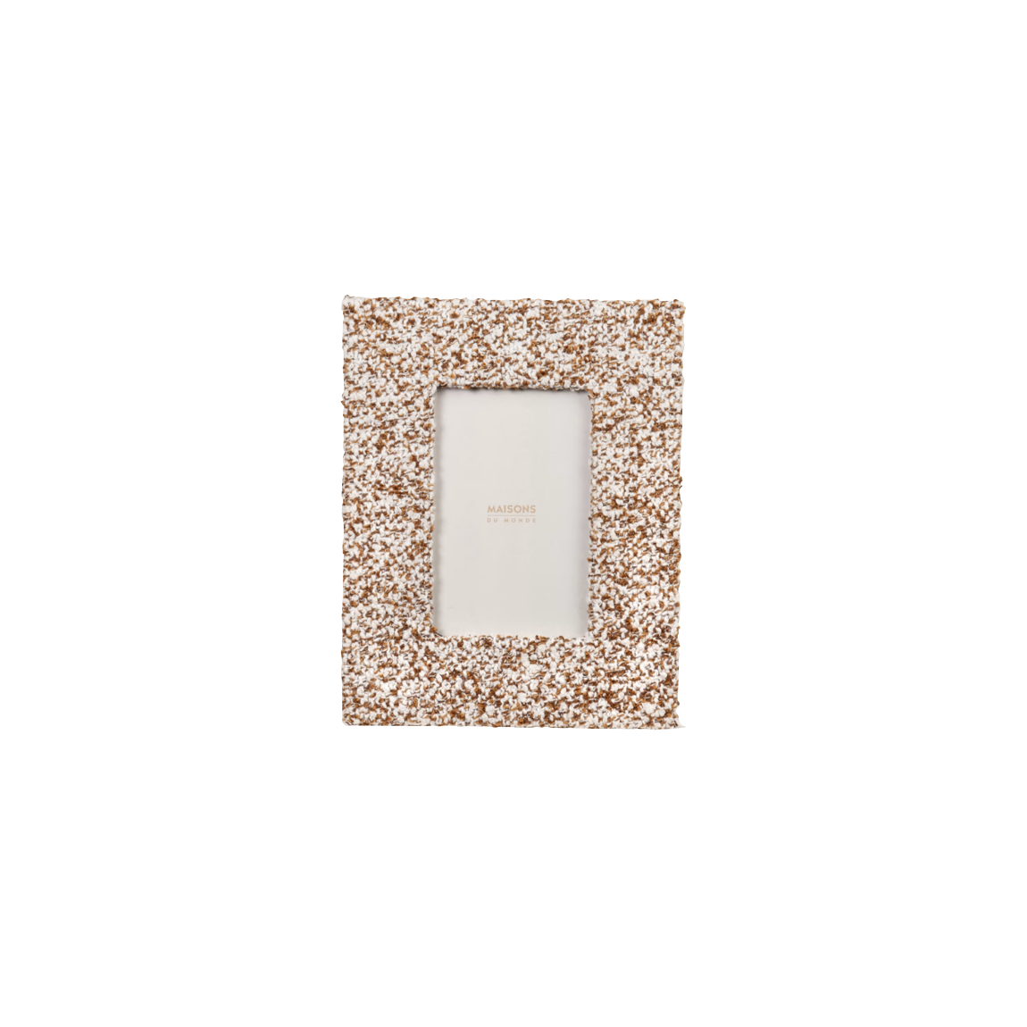 Textured bouclé photo frame in warm ochre and white tones featured in curated interior design package