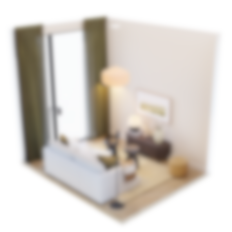 3D isometric layout 1 for compact living room showing sofa, floor lamp, TV sideboard, and olive curtains – Formed & Furnished room design plan