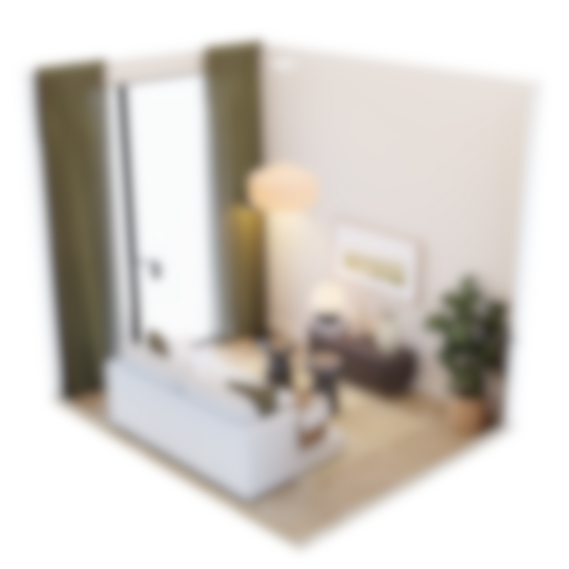 3D isometric layout 3 for small compact living room showing sofa, TV sideboard, indoor plant, and olive curtains – Formed & Furnished room design plan