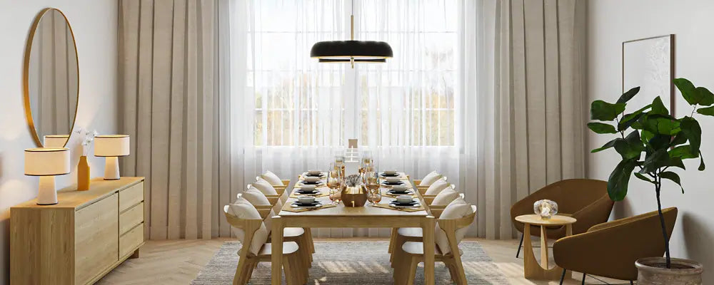 Modern dining room with wooden furniture, table setting, and decorative elements.