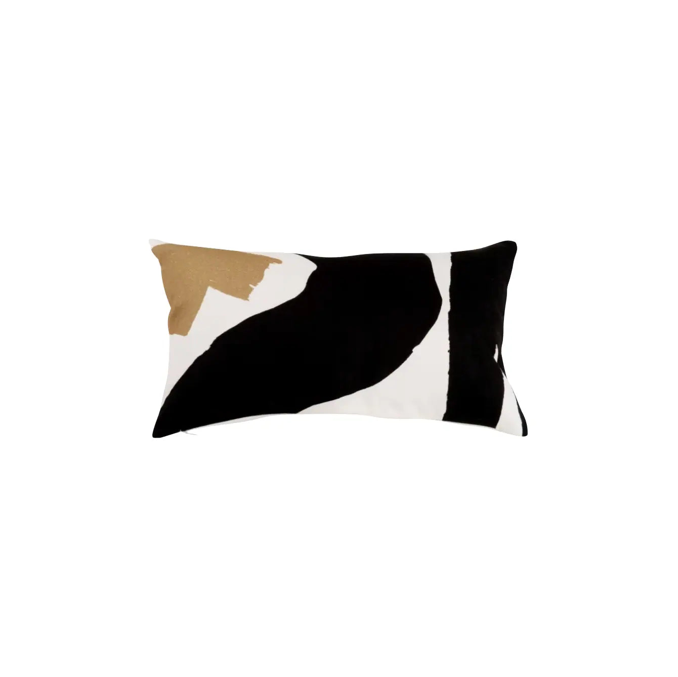 Abstract black, white, and ochre cushion adding graphic contrast in Scandi-inspired living room design.