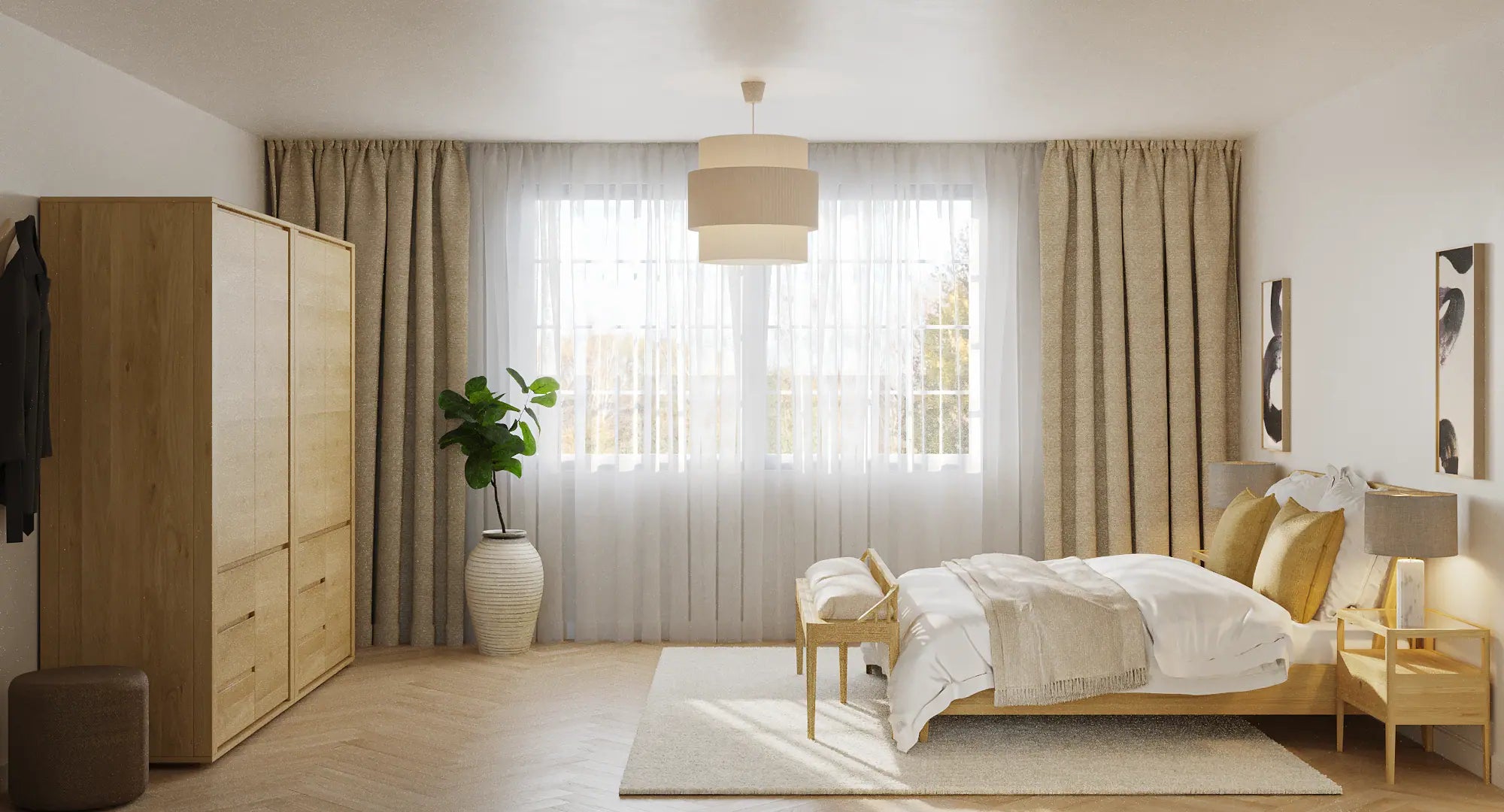 Cozy bedroom with Scandinavian-inspired decor and natural materials.