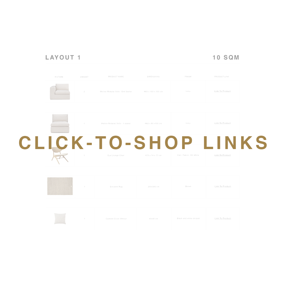 Scandinavian inspired interior click-to-shop graphic linking to curated products