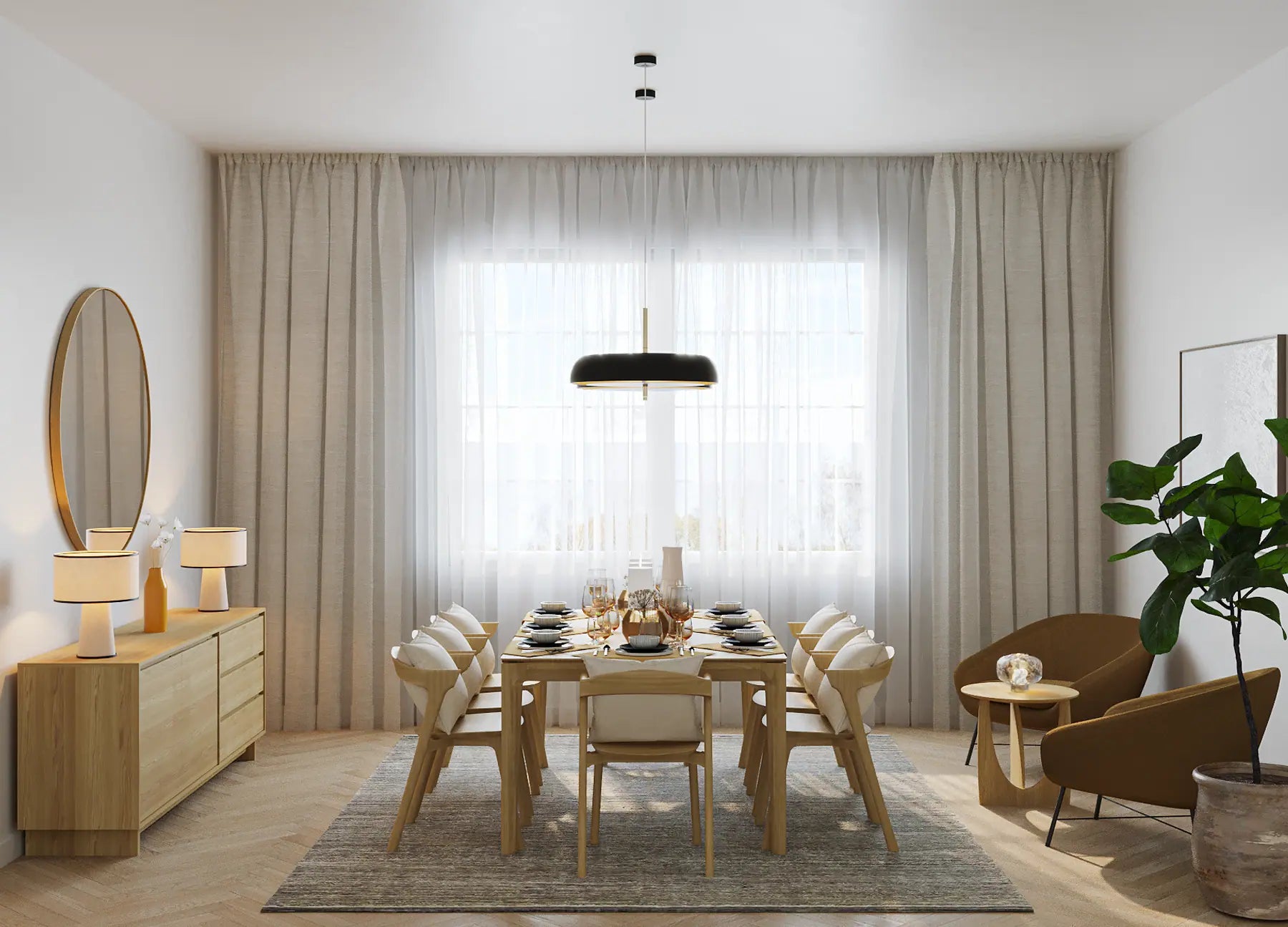 Scandinavian dining room with wooden table, modern lighting, and neutral tones.
