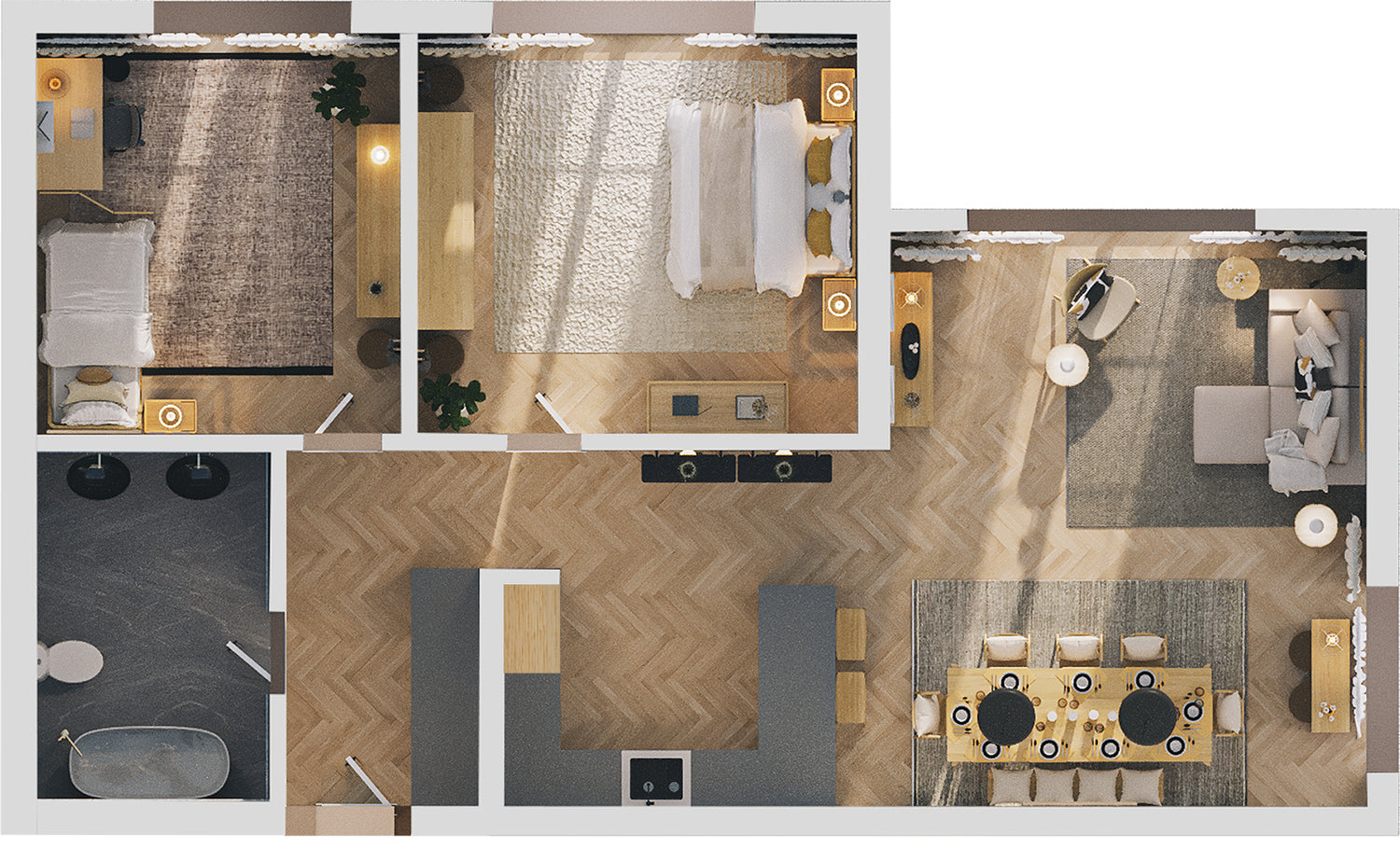 Scandi package floor plan showcasing a functional layout with warm wood tones and minimalist design