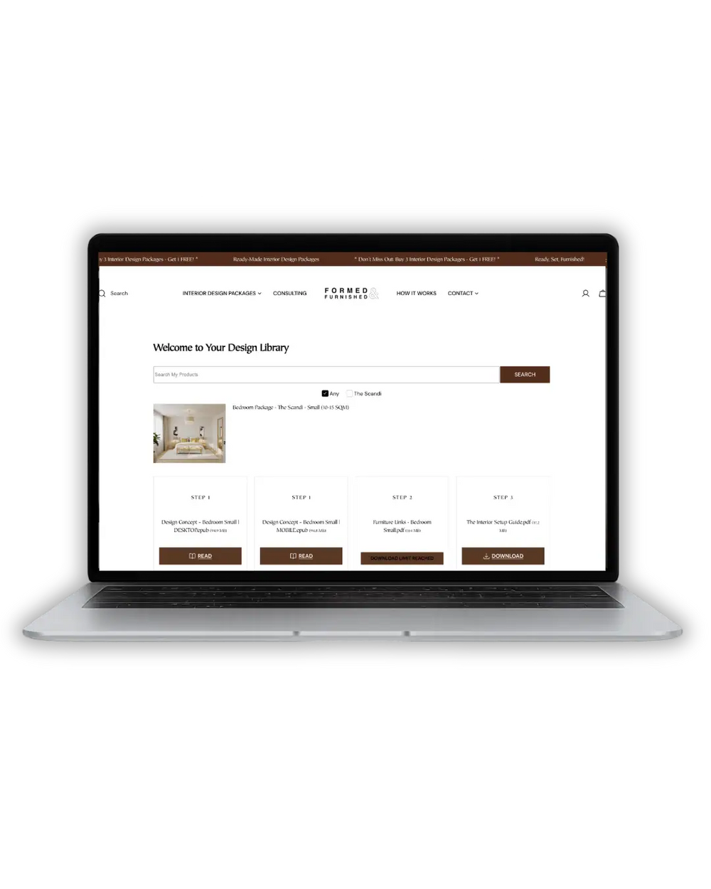 Preview of the design library on laptop.