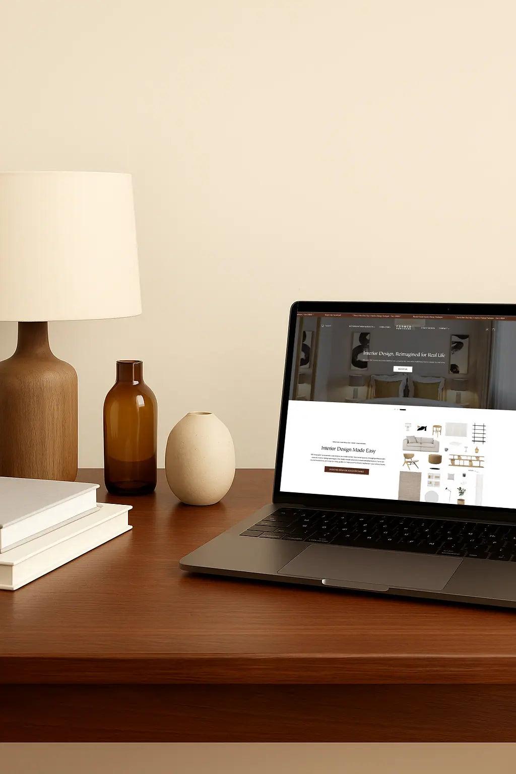 Laptop on a wooden desk with a lamp, books, and decorative items.