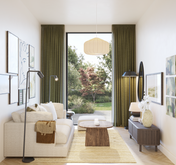 10 sqm living room layout C – compact designer room with cream sofa, floor lamp, TV sideboard, and olive curtains from The Ro package by Formed & Furnished