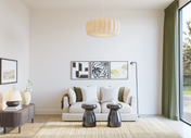 12 sqm living room layout B – compact designer room with cream sofa, sculptural side tables, TV sideboard, and wall art from The Ro package by Formed & Furnished