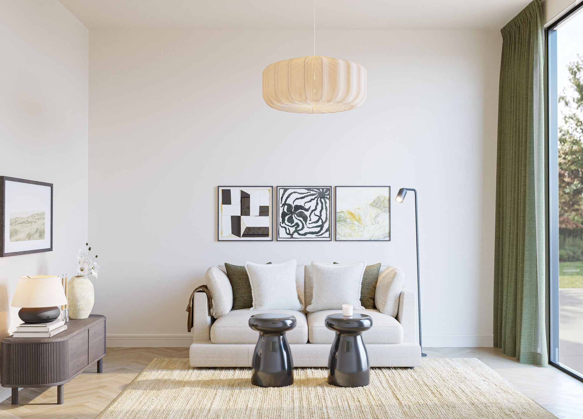 12 sqm living room layout B – compact designer room with cream sofa, sculptural side tables, TV sideboard, and wall art from The Ro package by Formed & Furnished