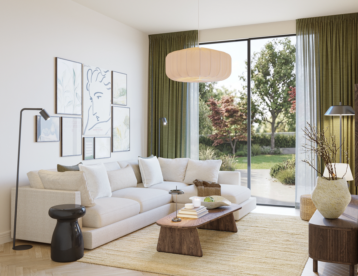 16 sqm living room layout C – spacious designer room with cream corner sofa, wood coffee table, floor lamp, and olive curtains from The Ro large package by Formed & Furnished