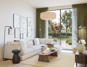 16 sqm living room layout C – spacious designer room with cream corner sofa, wood coffee table, floor lamp, and olive curtains from The Ro large package by Formed & Furnished