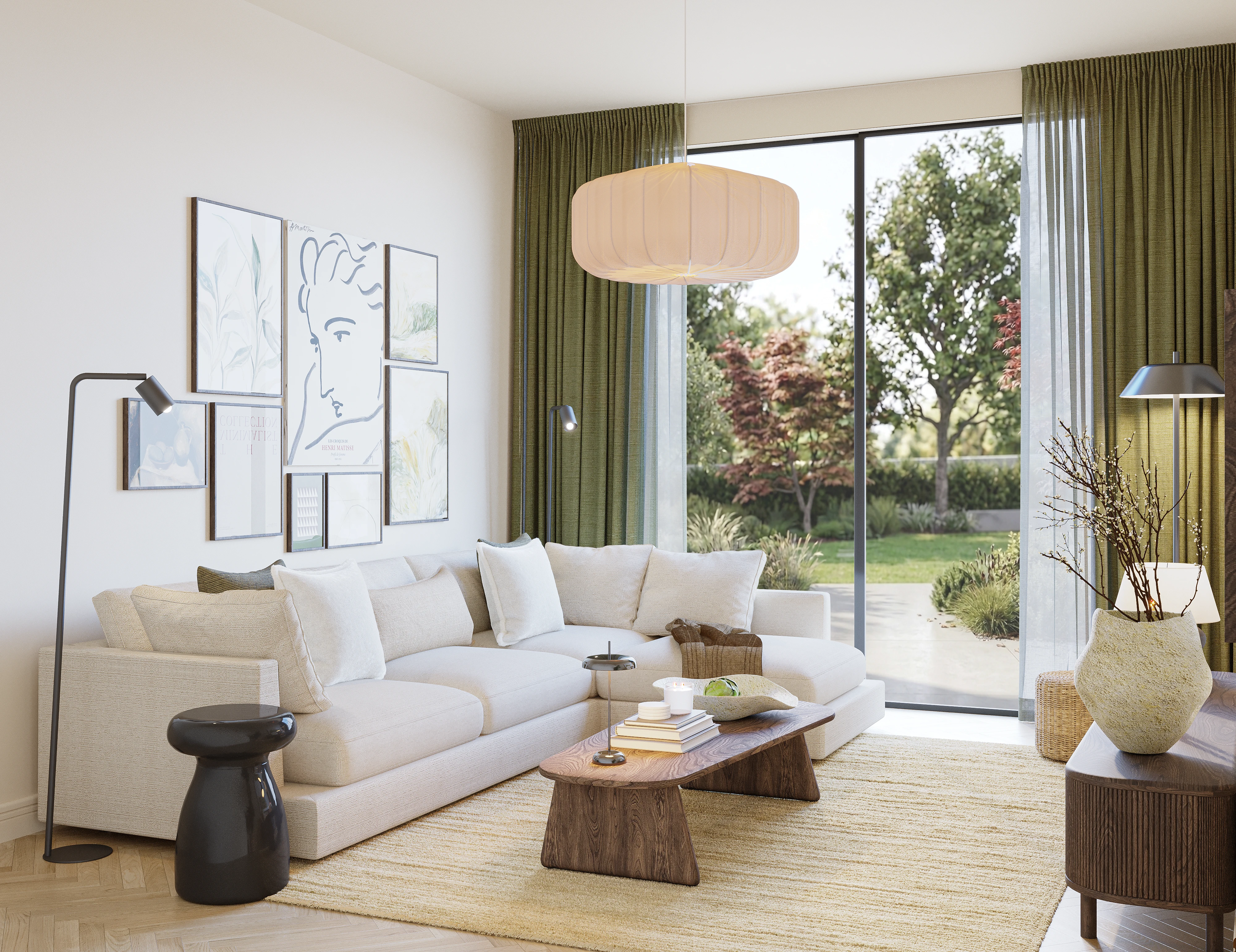 16 sqm living room layout C – spacious designer room with cream corner sofa, wood coffee table, floor lamp, and olive curtains from The Ro large package by Formed & Furnished