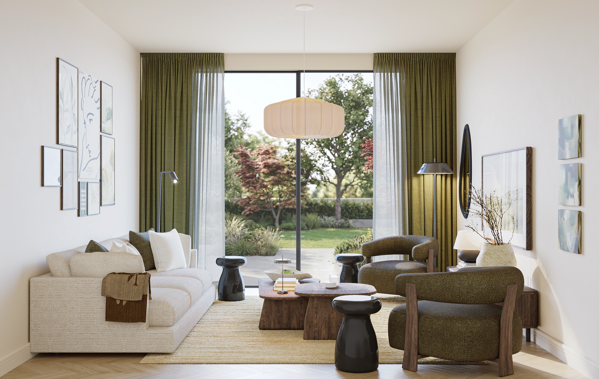 20 sqm living room layout A – spacious designer room with cream sofa, armchairs, pendant lamp, and garden view from The Ro large package by Formed & Furnished