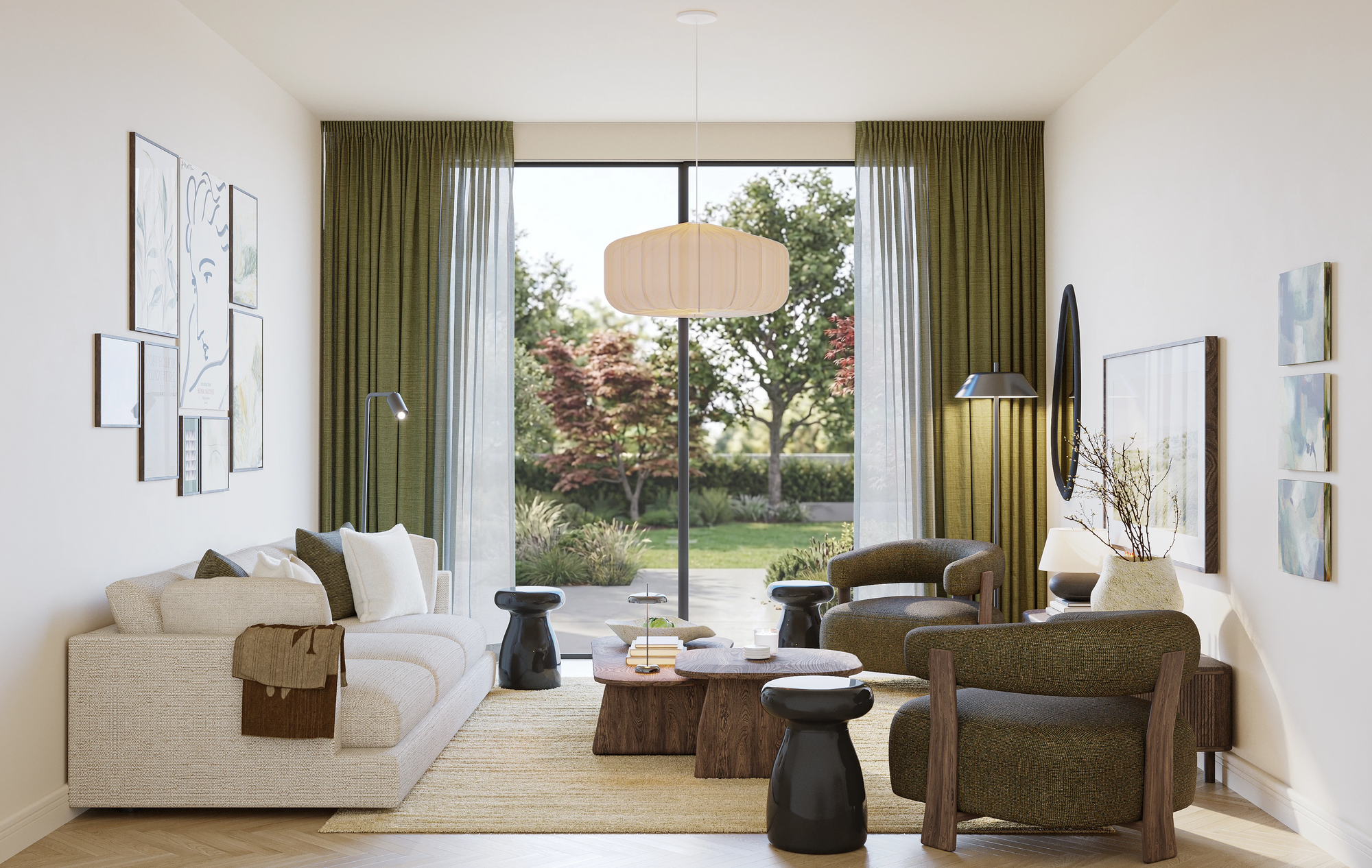 20 sqm living room layout A – spacious designer room with cream sofa, armchairs, pendant lamp, and garden view from The Ro large package by Formed & Furnished