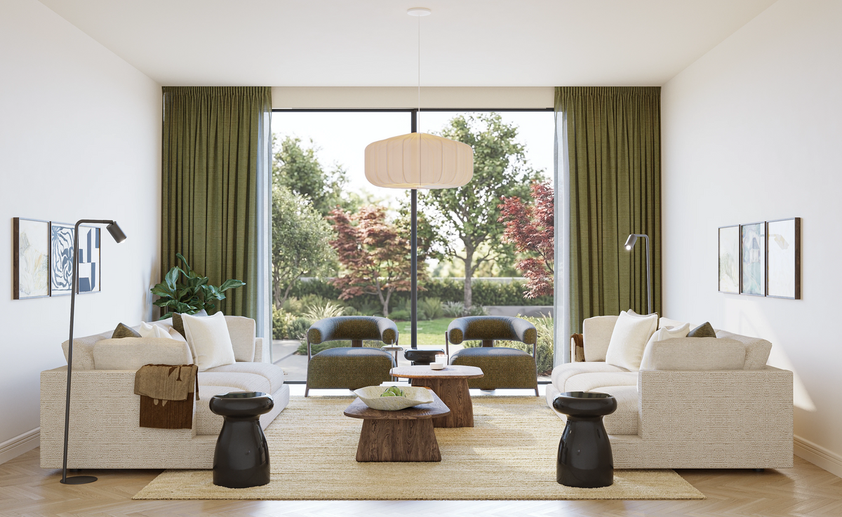 24 sqm living room layout B – spacious designer room with two sofas, armchairs, wood coffee table, pendant lamp, and olive curtains from The Ro large package by Formed & Furnished