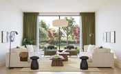 24 sqm living room layout B – spacious designer room with two sofas, armchairs, wood coffee table, pendant lamp, and olive curtains from The Ro large package by Formed & Furnished