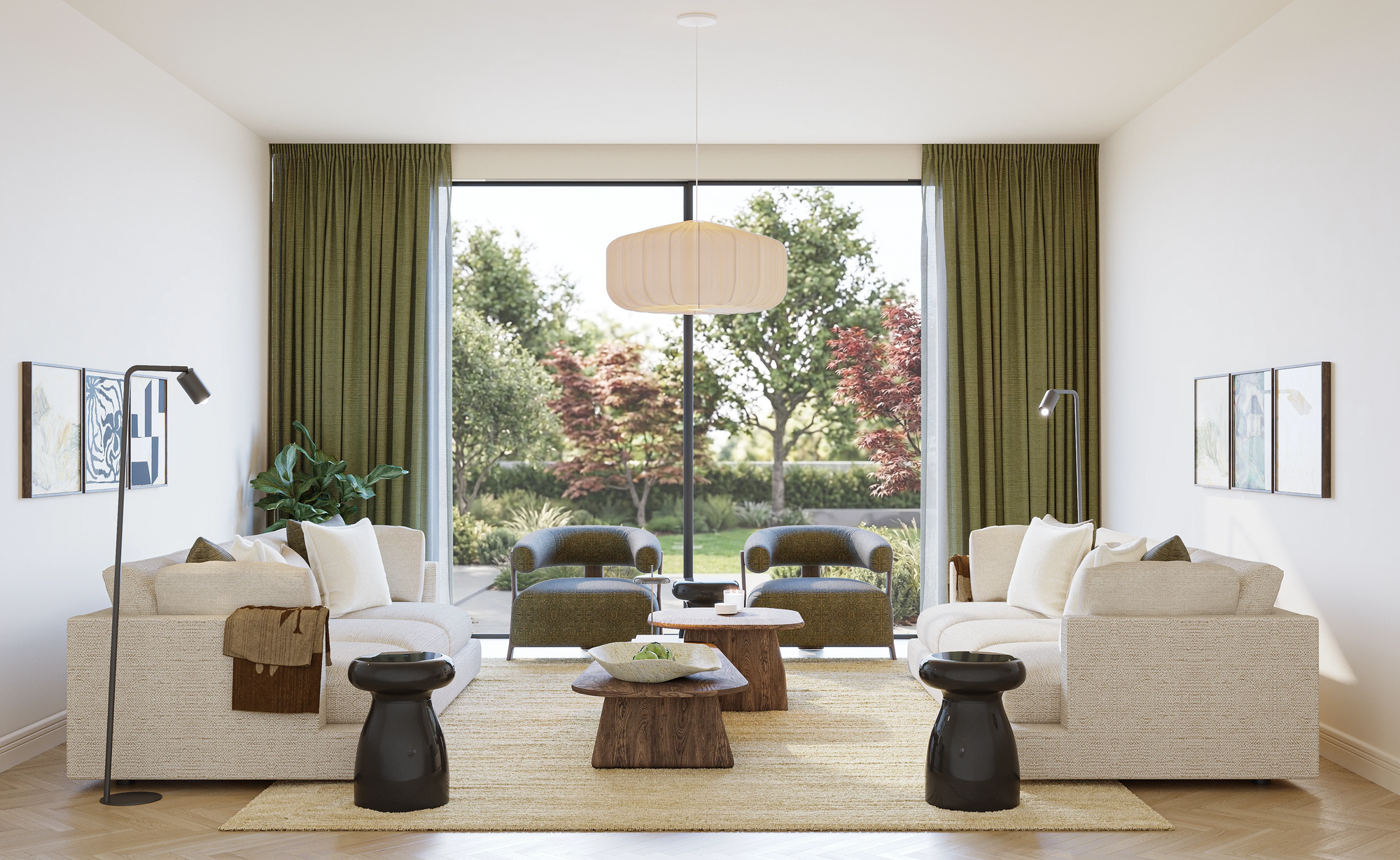 24 sqm living room layout B – spacious designer room with two sofas, armchairs, wood coffee table, pendant lamp, and olive curtains from The Ro large package by Formed & Furnished