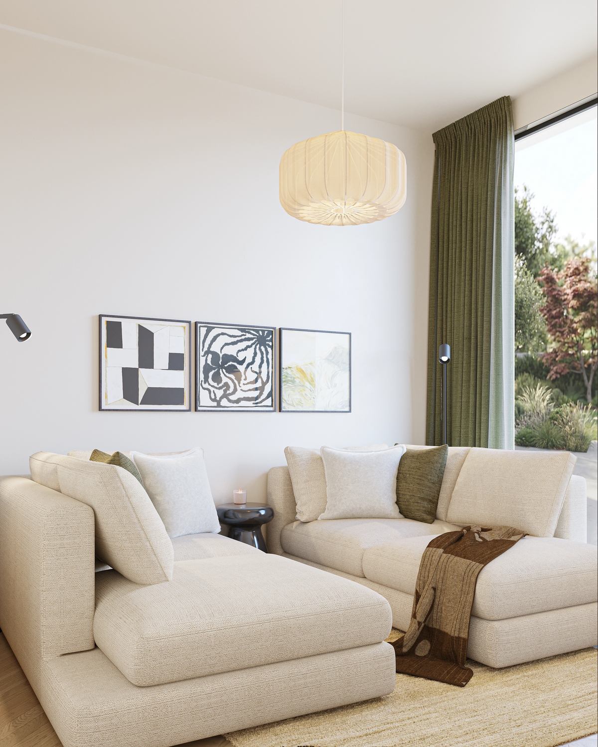 8 sqm living room layout B – cosy designer room with cream sectional sofa, pendant lamp, and wall art from The Ro small package by Formed & Furnished