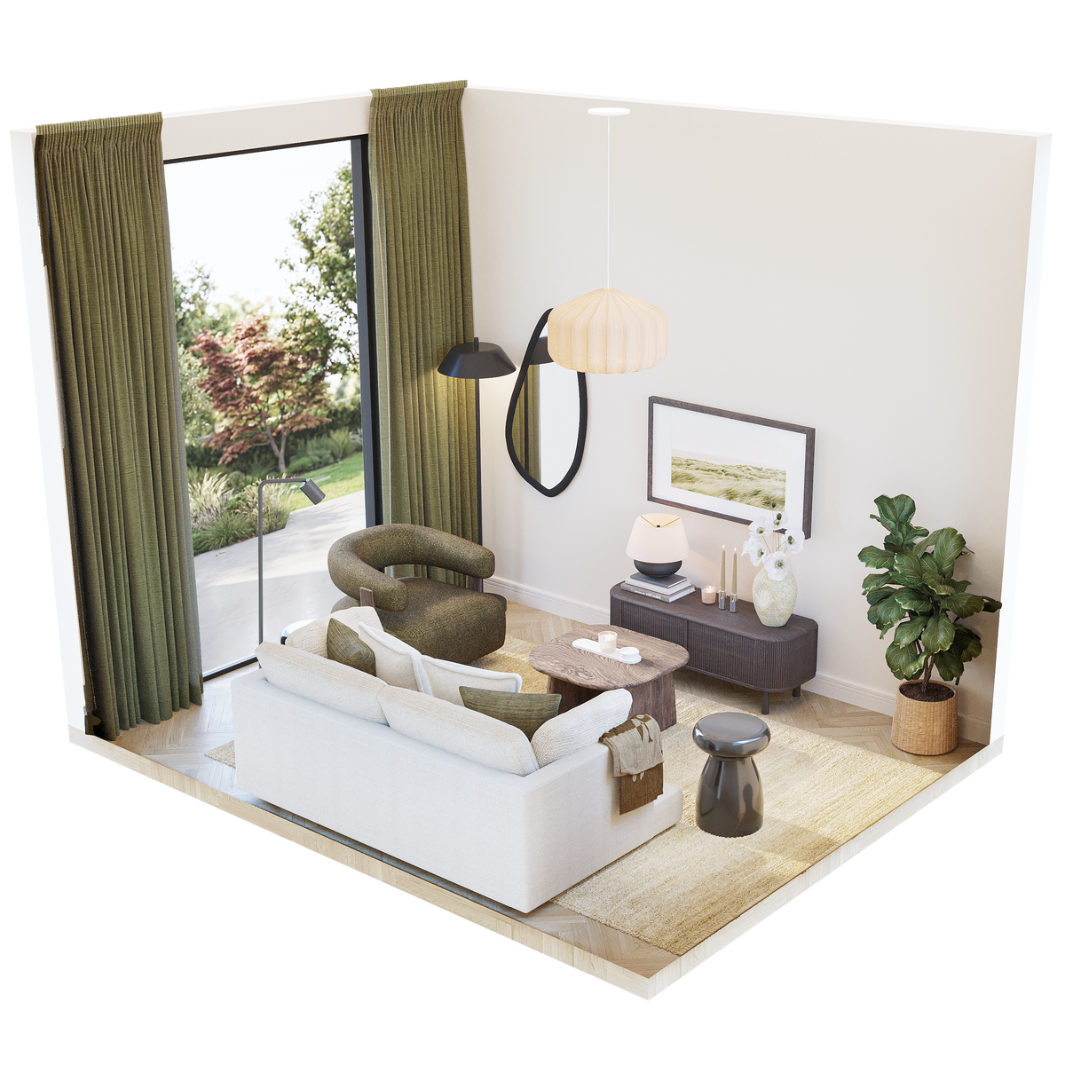 3D isometric layout A for 10 sqm living room showing sofa, armchair, TV sideboard, coffee table, and indoor plant – Formed & Furnished small room design plan