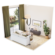 3D isometric layout C for 10 sqm living room showing sofa, TV sideboard, pendant lamp, oval mirror, and indoor plant – Formed & Furnished small room design plan