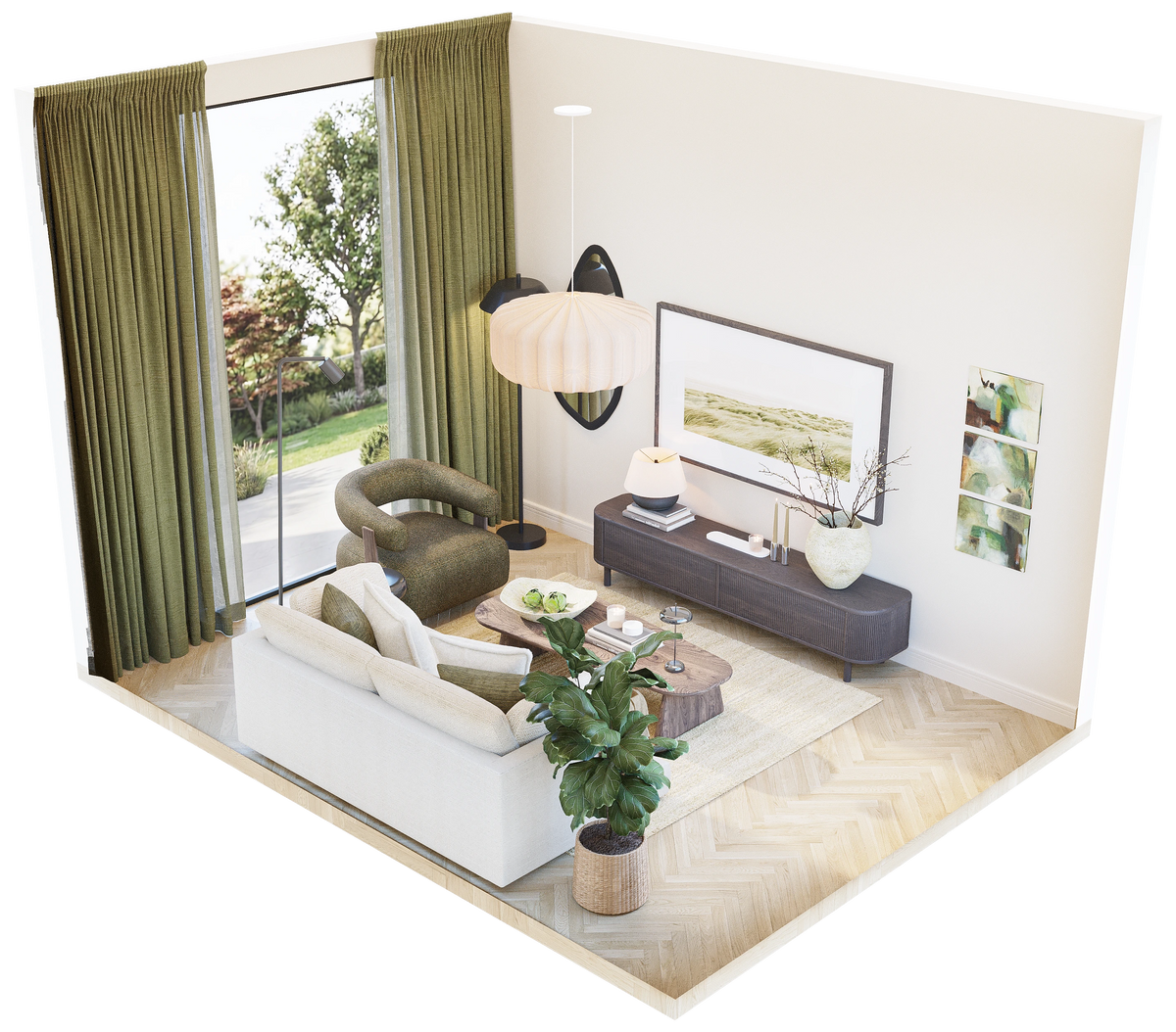 3D isometric layout A for 12 sqm living room showing sofa, side tables, TV sideboard, pendant lamp, and olive curtains – Formed & Furnished small room design plan