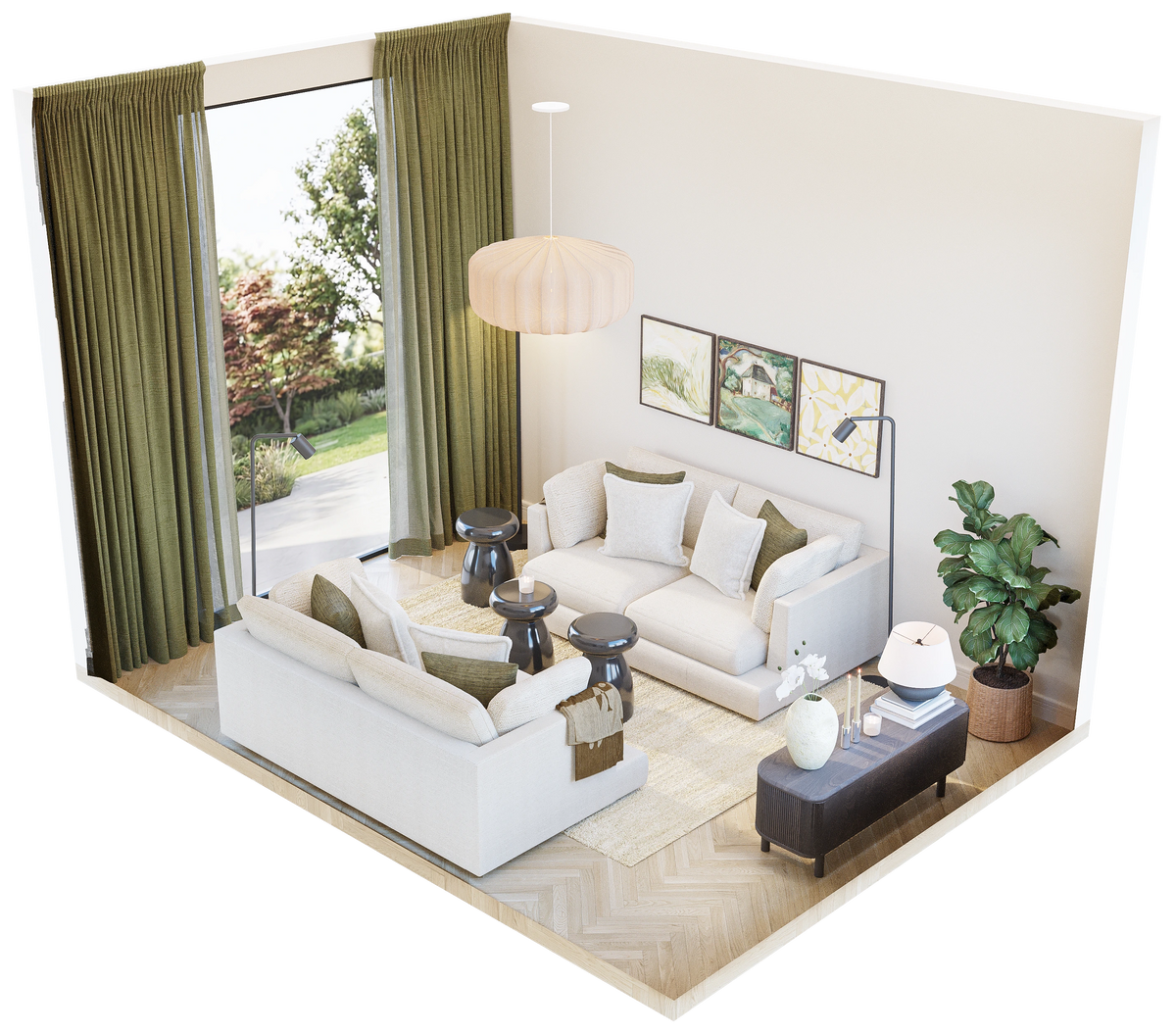 3D isometric layout B for 12 sqm living room showing sofa, side tables, TV sideboard, pendant lamp, and olive curtains – Formed & Furnished small room design plan