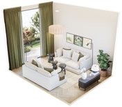 3D isometric layout B for 12 sqm living room showing sofa, side tables, TV sideboard, pendant lamp, and olive curtains – Formed & Furnished small room design plan
