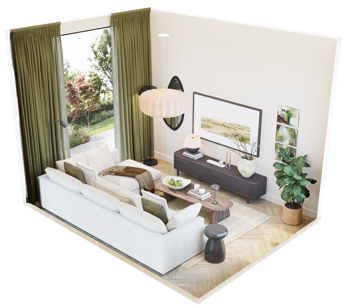 3D isometric layout C for 12 sqm living room showing sofa, side tables, TV sideboard, pendant lamp, and olive curtains – Formed & Furnished small room design plan