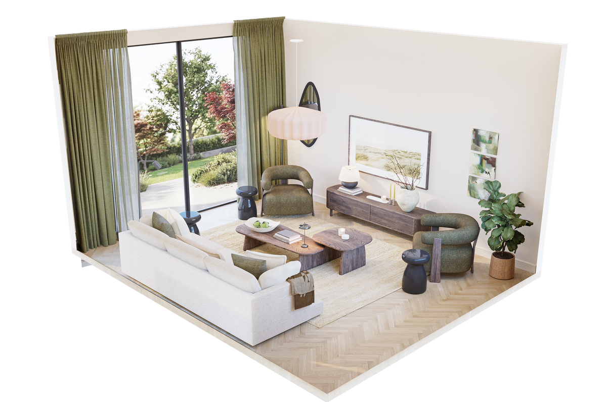 3D isometric layout A for 20 sqm living room showing sofa, armchairs, TV sideboard, pendant lamp, and olive curtains – Formed & Furnished large room design plan