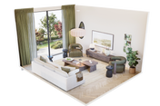 3D isometric layout A for 20 sqm living room showing sofa, armchairs, TV sideboard, pendant lamp, and olive curtains – Formed & Furnished large room design plan