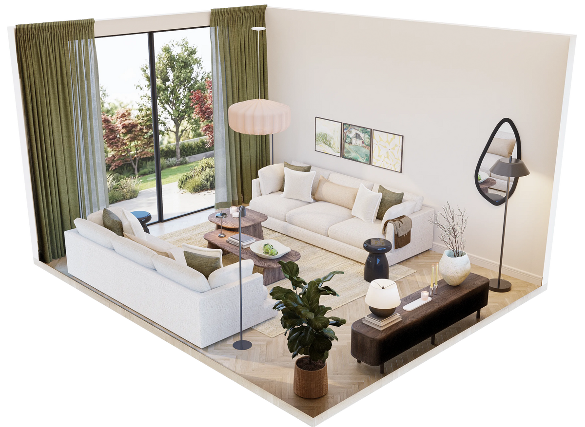 3D isometric layout B for 20 sqm living room showing sofa, armchairs, TV sideboard, pendant lamp, and olive curtains – Formed & Furnished large room design plan