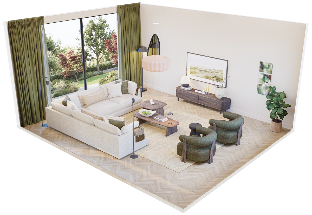 3D isometric layout C for 24 sqm living room showing sofa, armchairs, TV sideboard, pendant lamp, and olive curtains – Formed & Furnished large room design plan