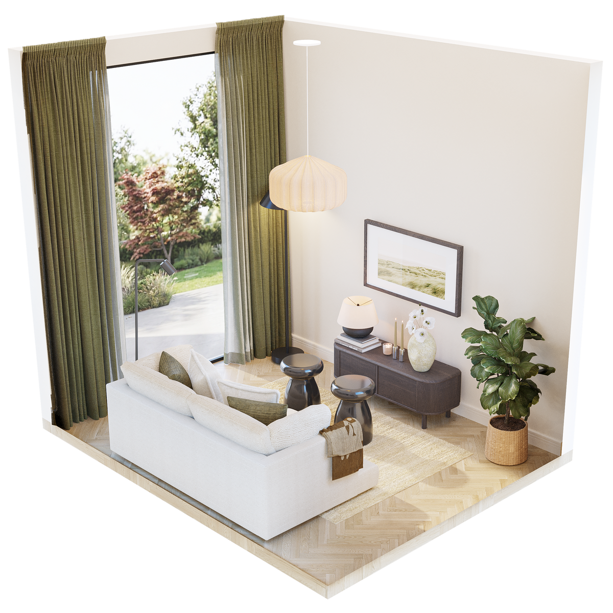 3D isometric layout A for 8 sqm living room showing sofa, side tables, TV sideboard, pendant lamp, and indoor plant – Formed & Furnished compact room design plan