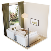 3D isometric layout B for 8 sqm living room showing sofa, side tables, TV sideboard, pendant lamp, and olive curtains – Formed & Furnished compact room design plan