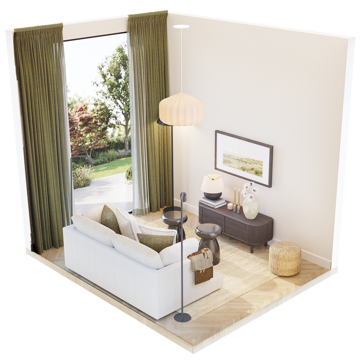 3D isometric layout C for 8 sqm living room showing sofa, side table, floor lamp, TV sideboard, and olive curtains – Formed & Furnished compact room design plan