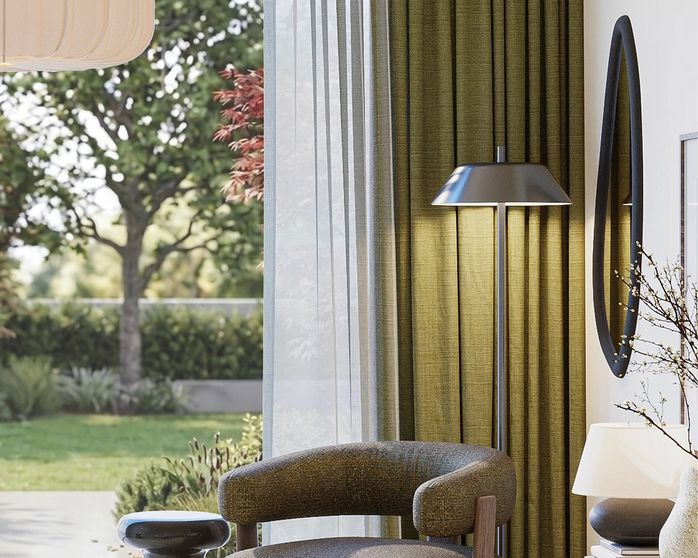 Close-up of designer living room corner with boucle armchair, floor lamp, oval wall mirror, and olive green curtains – The Ro by Formed & Furnished