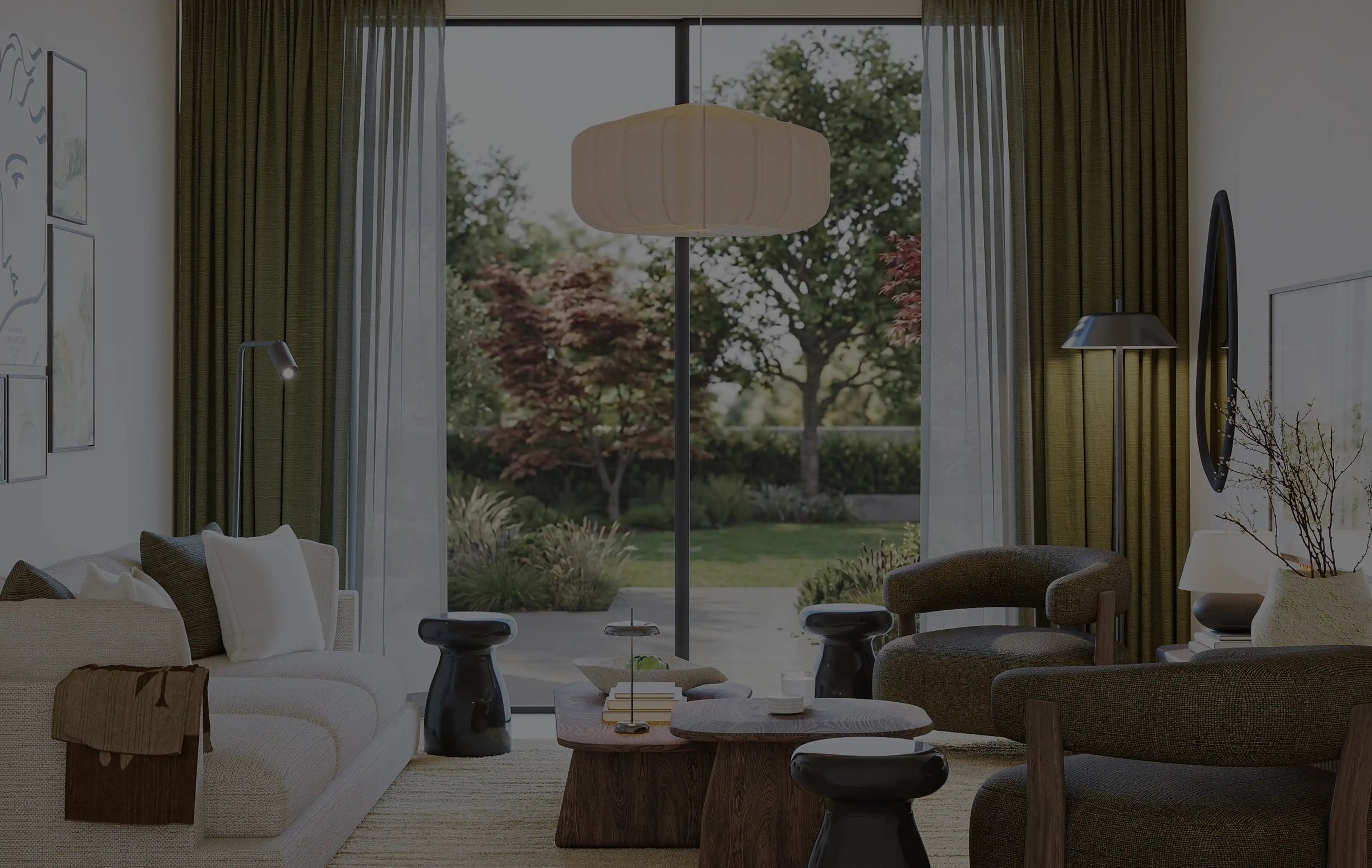 Interior-designer curated living room with cream sofa, armchair, pendant lamp, and green curtains – The Ro furniture package by Formed & Furnished
