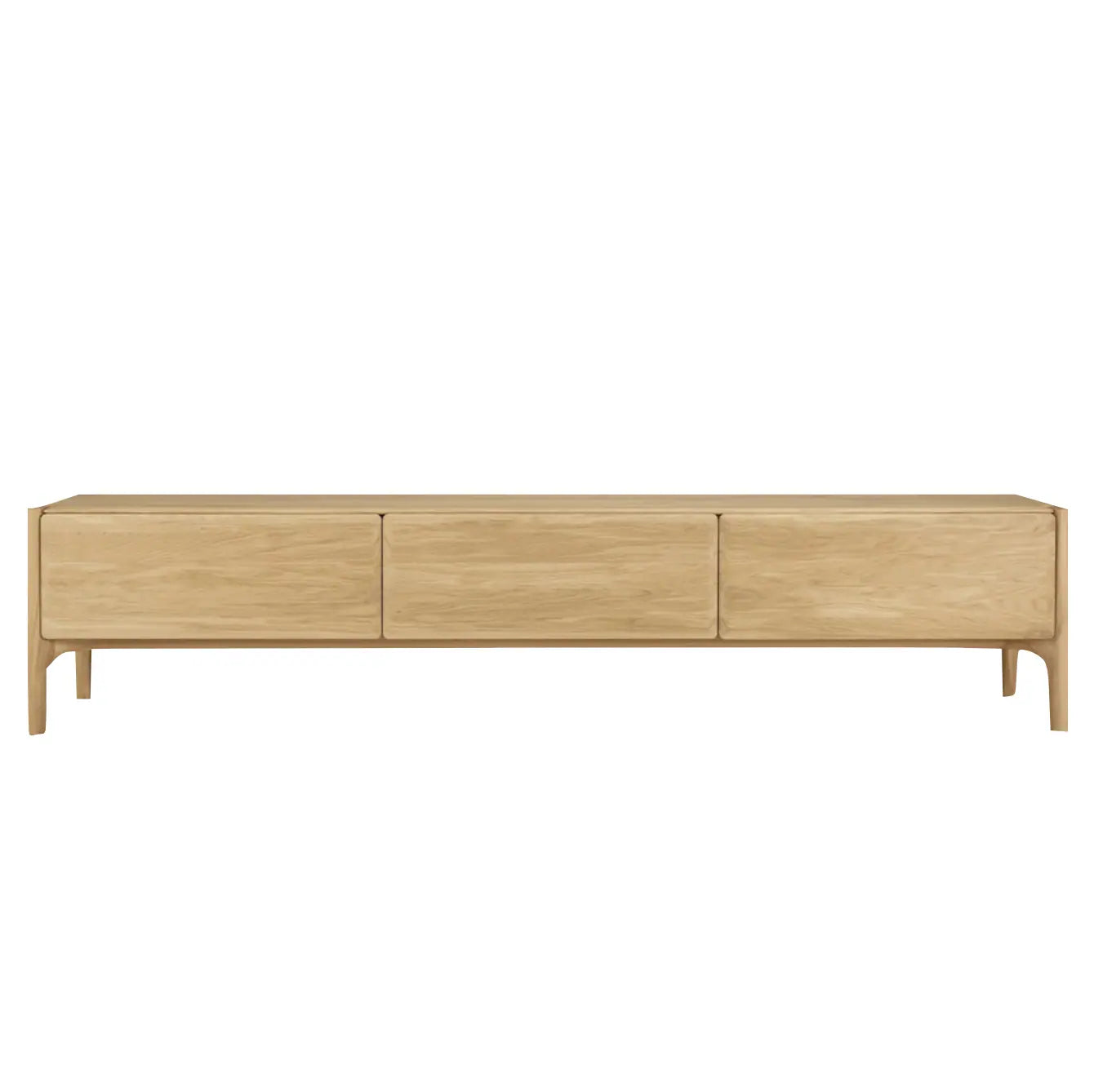 Natural oak sideboard anchoring entertainment area in modern living room layout.