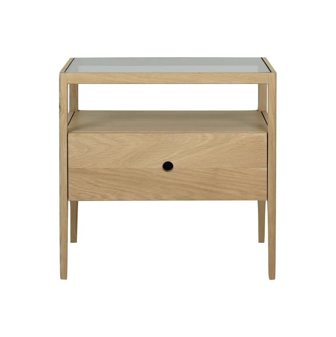 Oak wood and glass bedside table featured in Scandinavian inspired bedroom design.